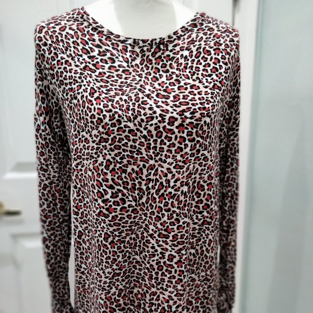 Jones New York Red and Black Cheetah Print Top, Long Sleeve, Ruched at the Wrist